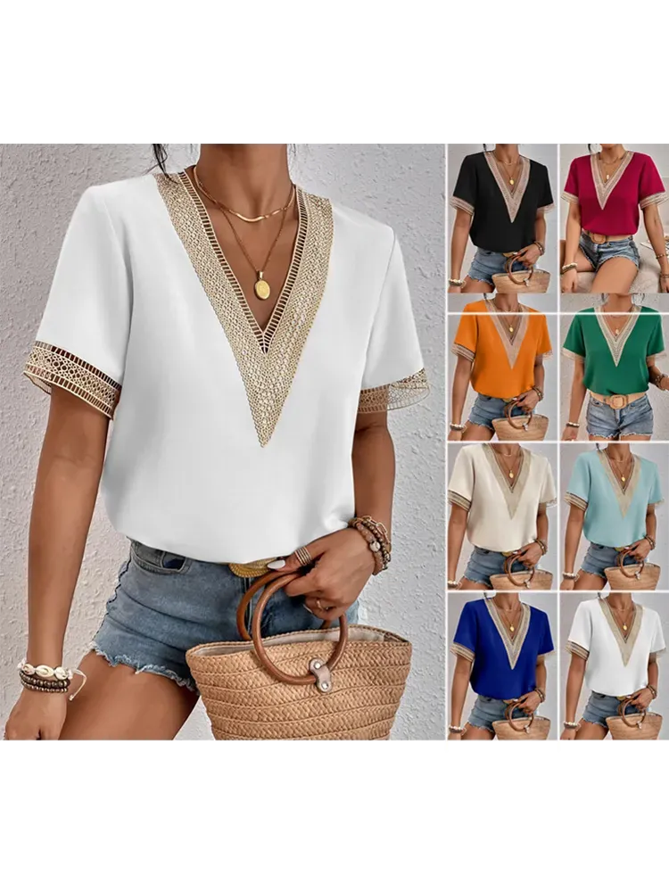 Womens Lace V-Neck Short-Sleeved Loose Fit Casual Top