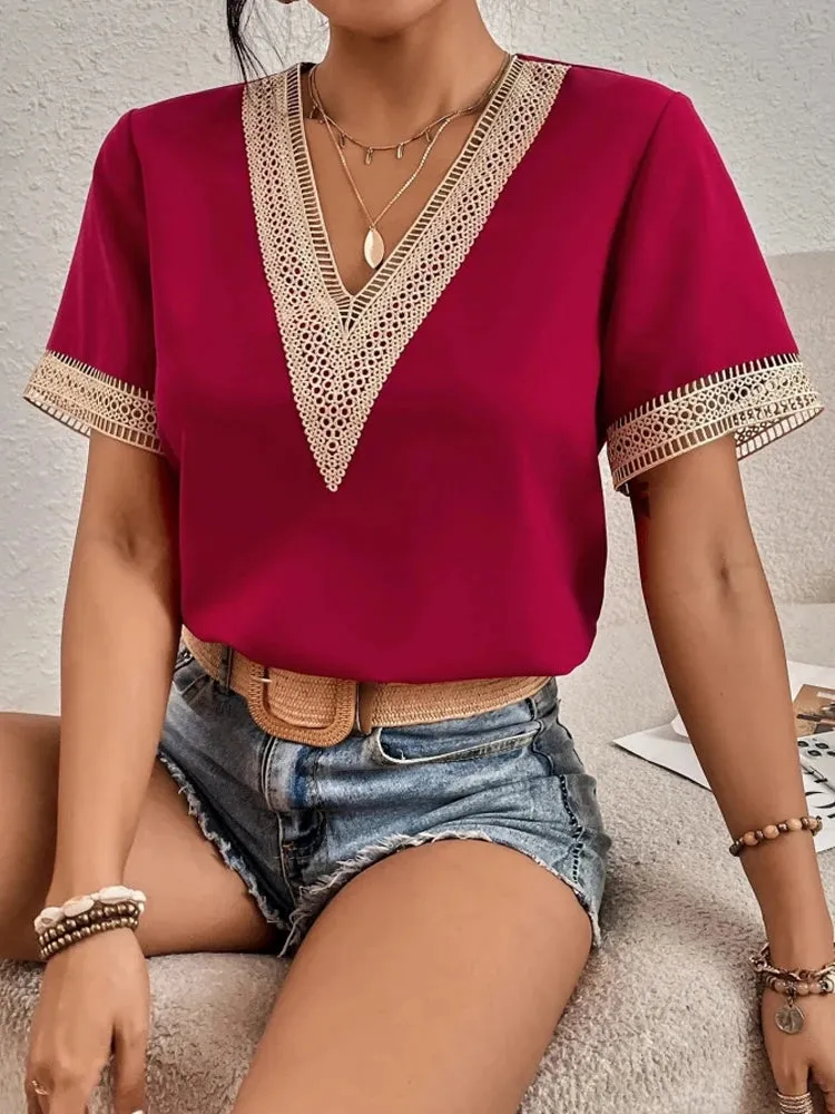 Womens Lace V-Neck Short-Sleeved Loose Fit Casual Top