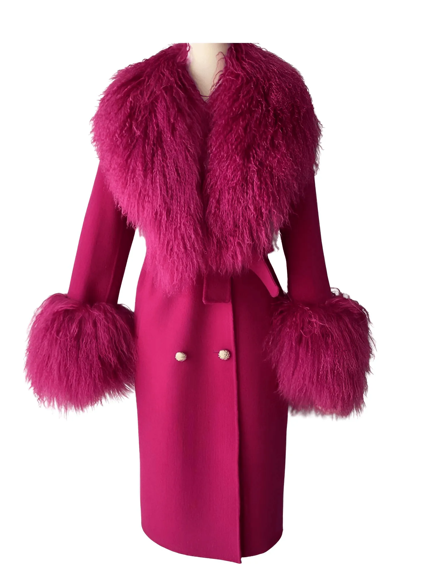 Women's Wool Cashmere Coat With Real Mongolian Sheep Fur Collar and Cuffs Ladies Double Faced Coats Belted Winter Fall Long Coat